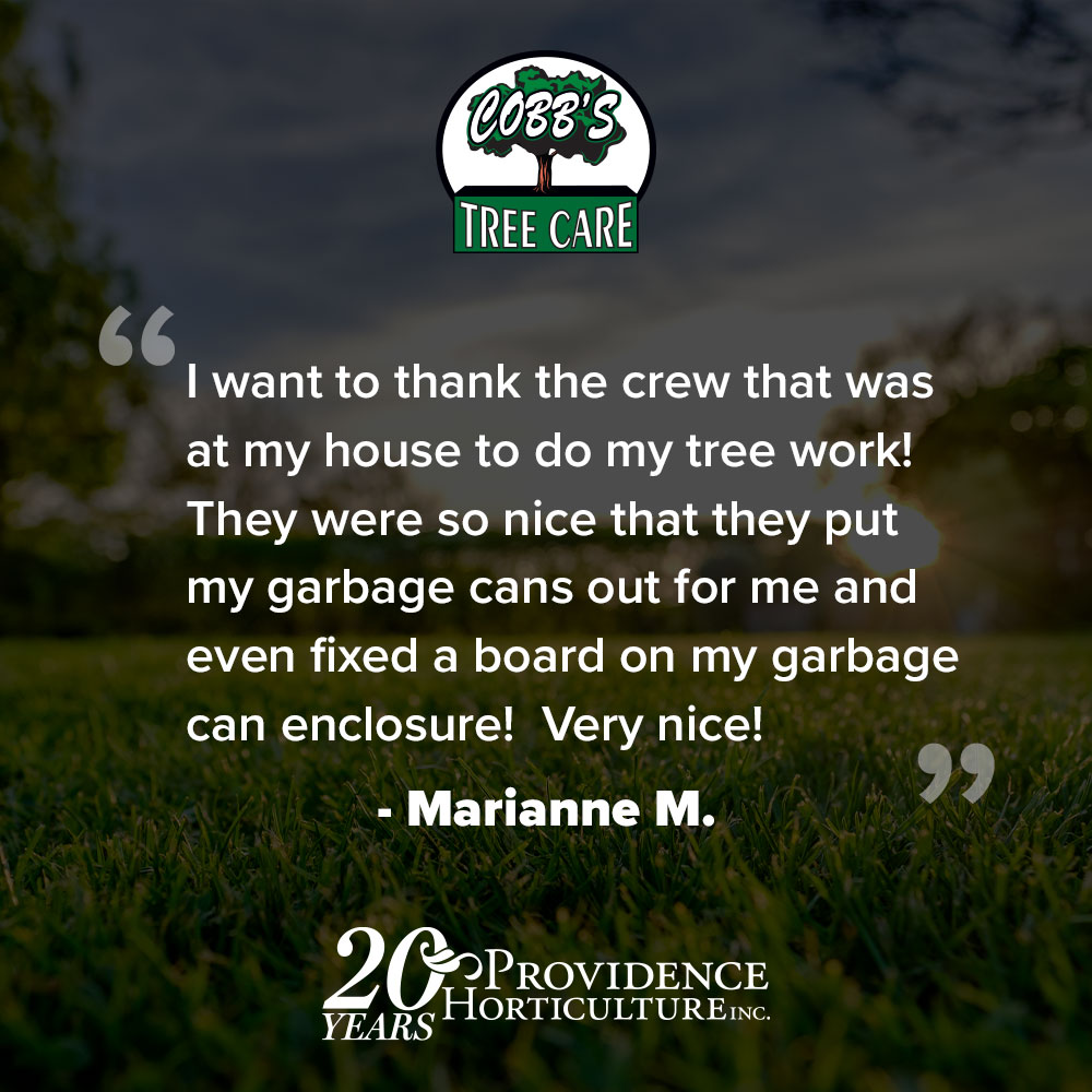 ‚ÄúI want to thank the crew that was at my house to do my tree work! They were so nice that they put my garbage cans out for me and even fixed a board on my garbage can enclosure! Very nice!‚Äù Marianne M.